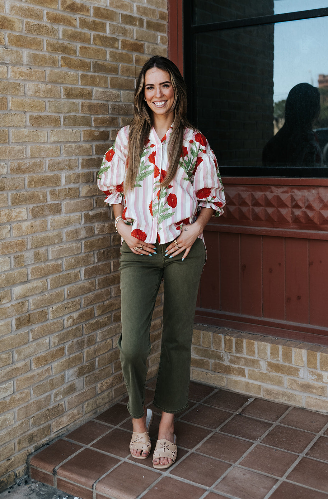 Red/Pink Stripe Flower Printed Blouse IT3546S-11
