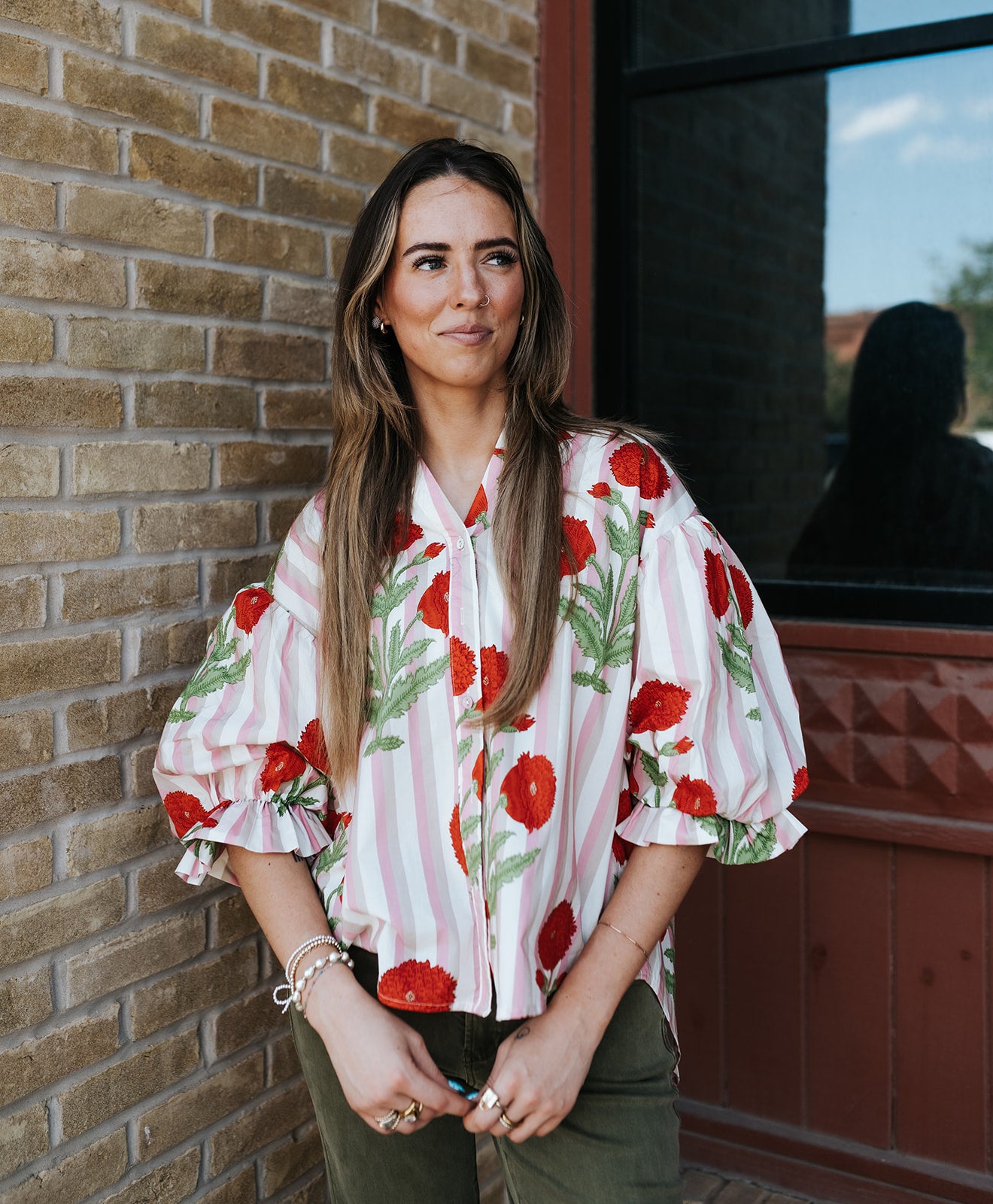 Red/Pink Stripe Flower Printed Blouse IT3546S-11