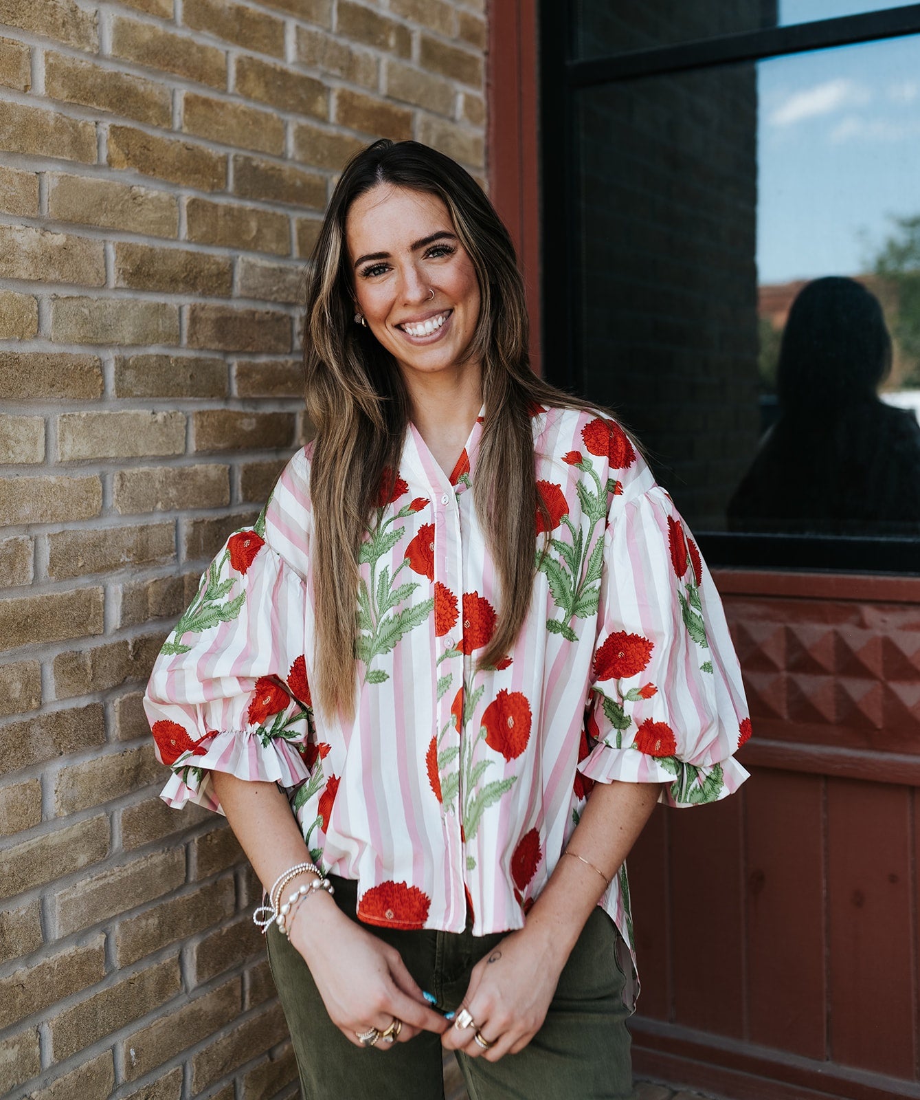 Red/Pink Stripe Flower Printed Blouse IT3546S-11