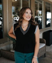Black/Grey Trim Deep V Sweater Vest SWB11744