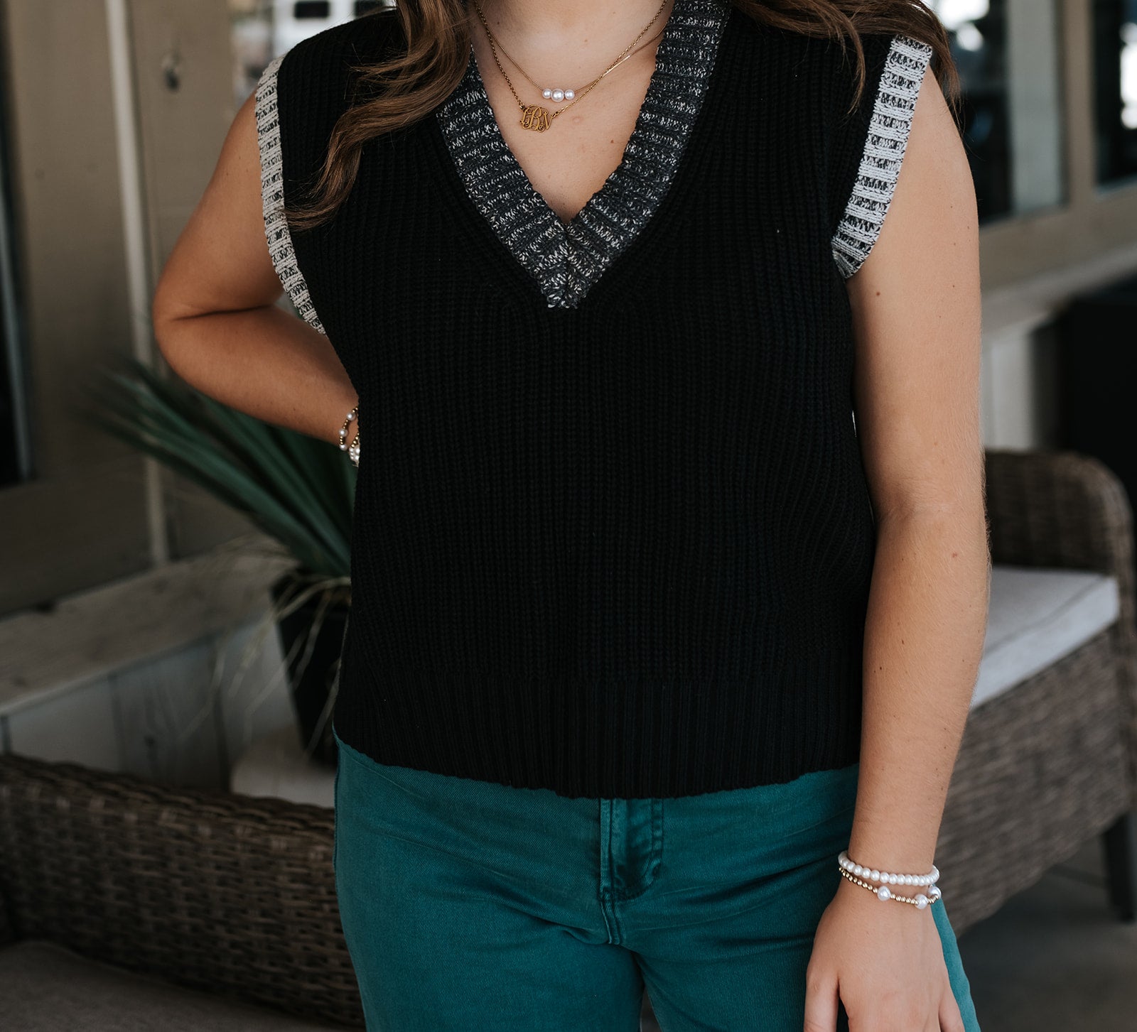 Black/Grey Trim Deep V Sweater Vest SWB11744