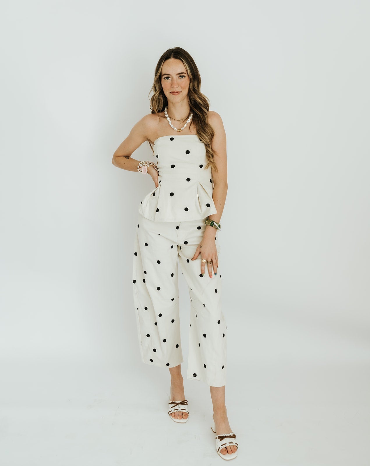 Ivory/Black Polka Dot Strapless Top and Barrel Pant Set IST6128-B