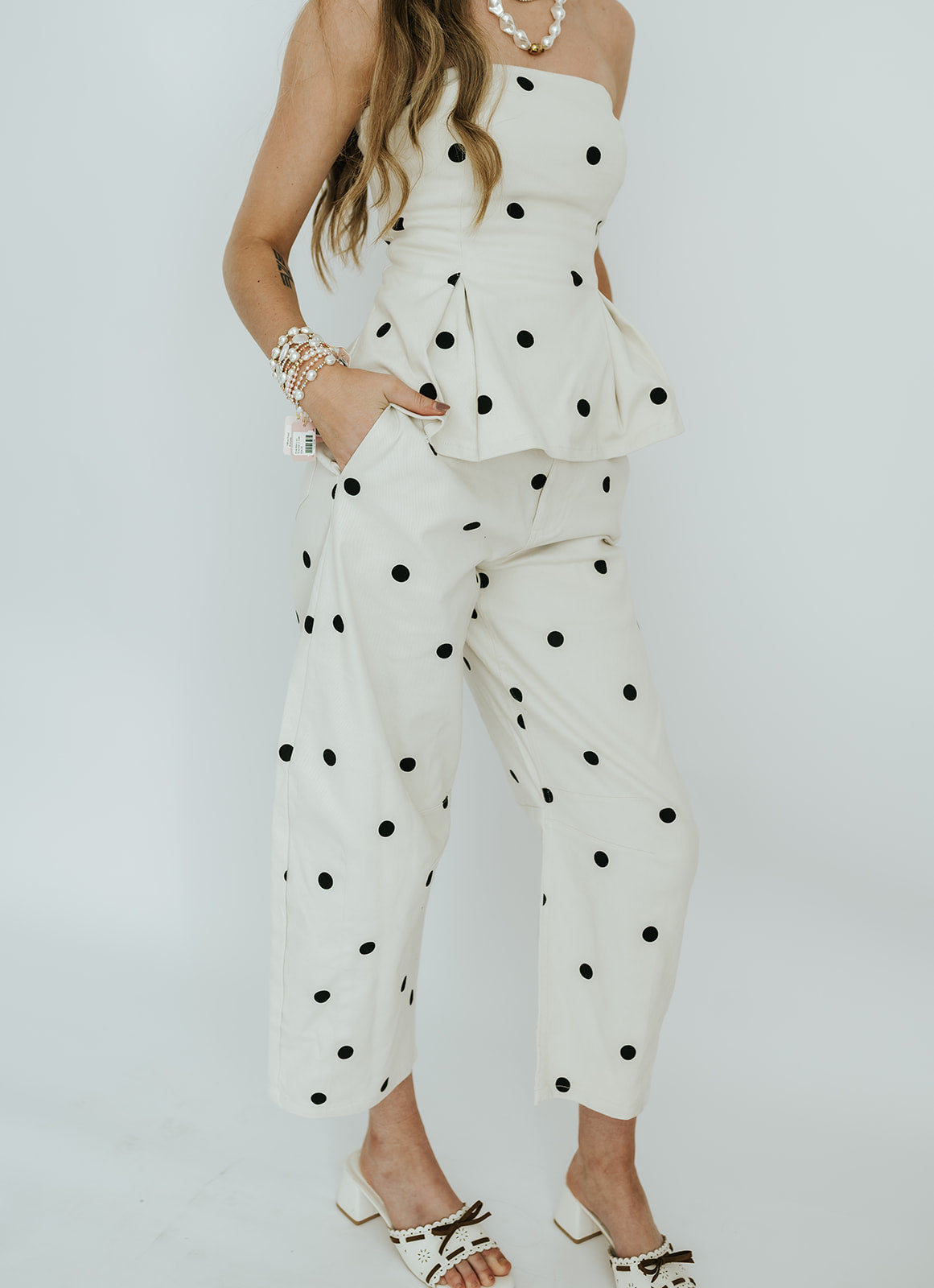 Ivory/Black Polka Dot Strapless Top and Barrel Pant Set IST6128-B