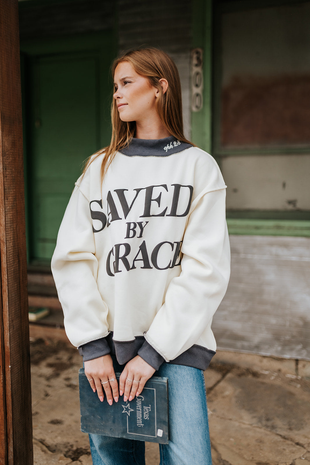 Cream Saved by Grace Mock Neck Sweatshirt IT2594P