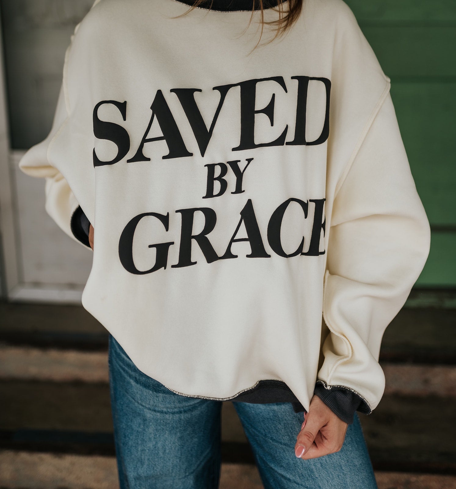 Cream Saved by Grace Mock Neck Sweatshirt IT2594P