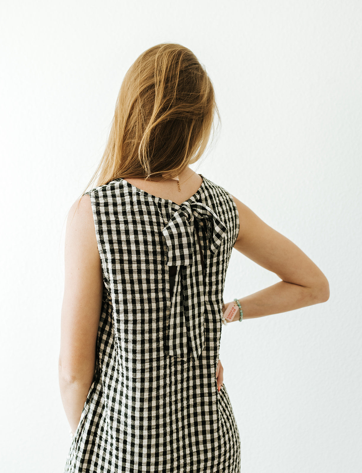 Black/Cream Gingham Pattern Tie Back Dress D6047