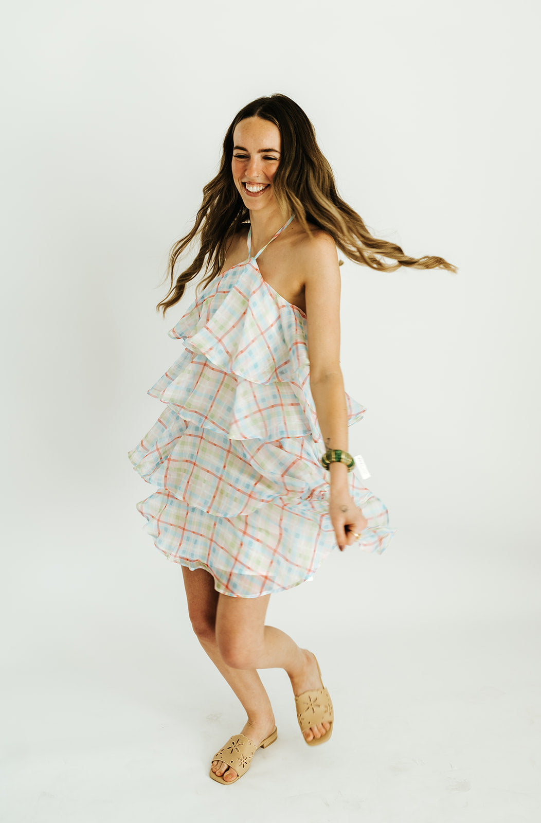 Pink Pastel Plaid Ruffle Halter Dress CD06799