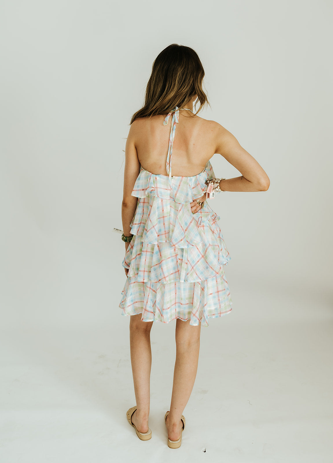Pink Pastel Plaid Ruffle Halter Dress CD06799