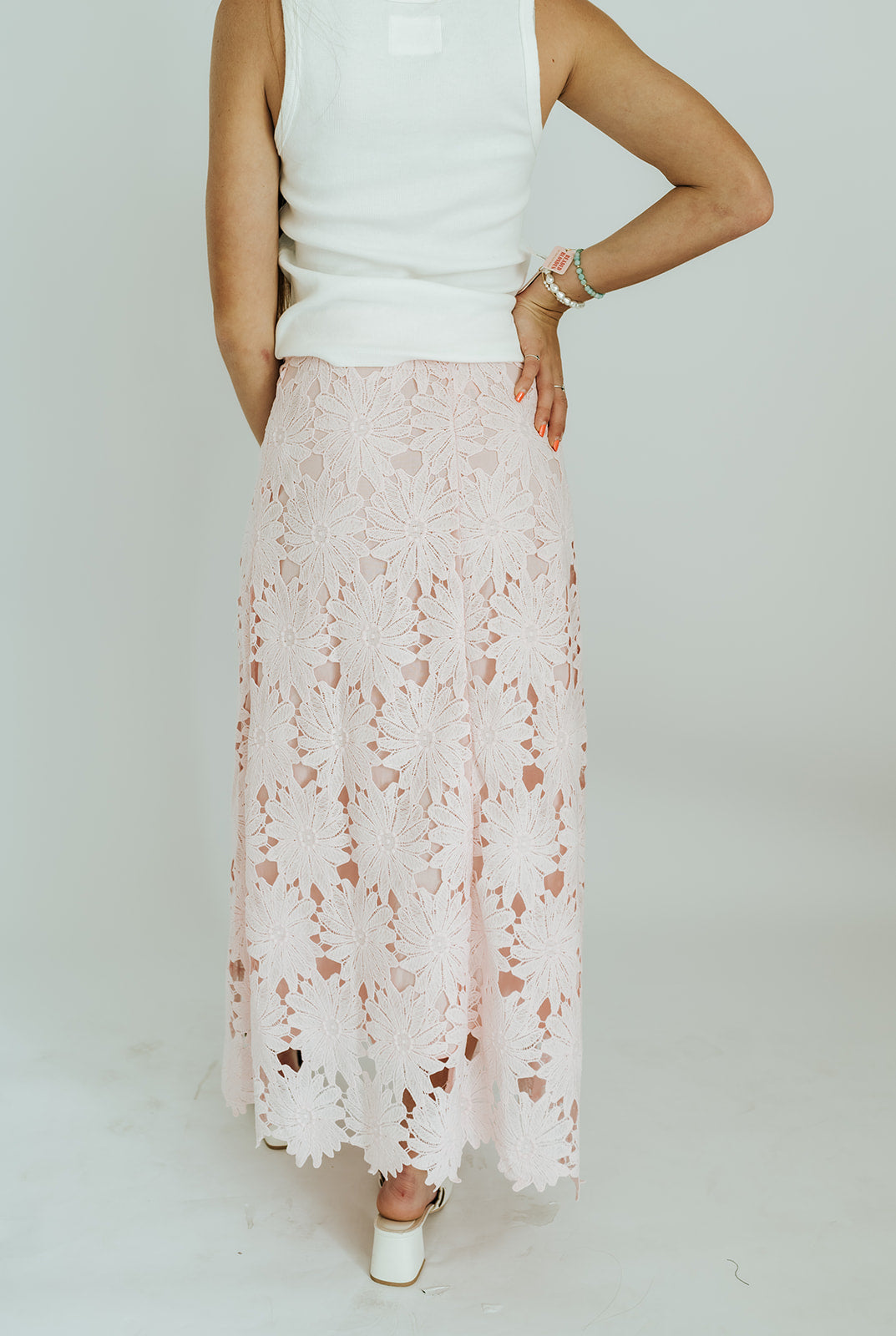 Baby Pink Floral Lace Scalloped Midi Skirt CS3985