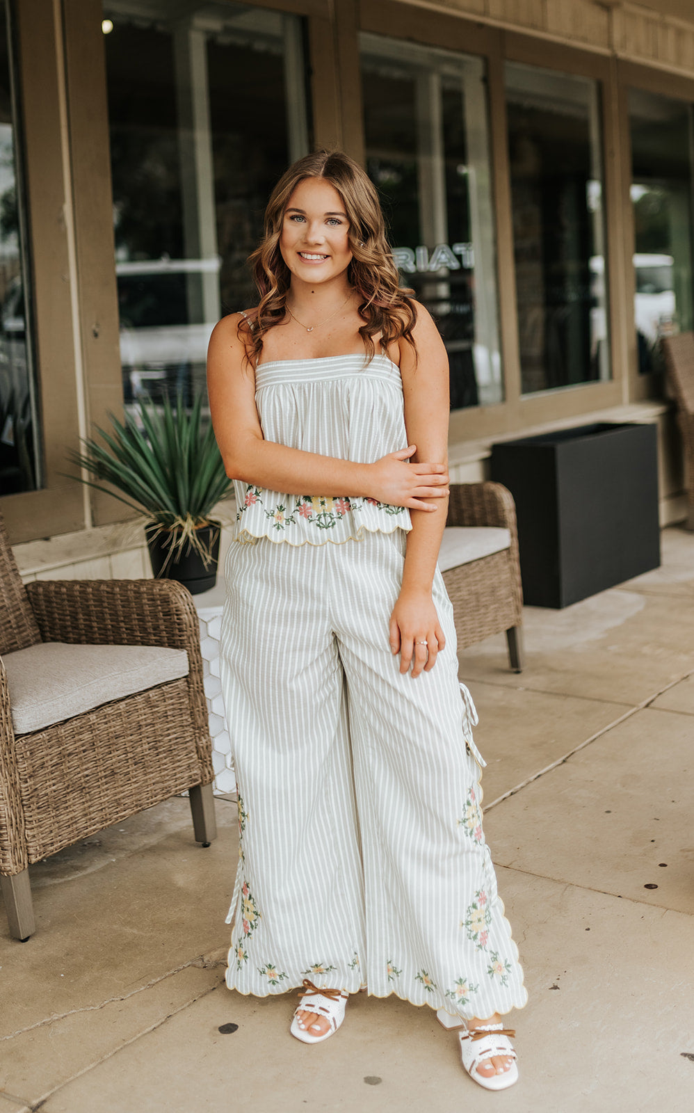Sage Floral Embroidery Striped Pants P6208ST