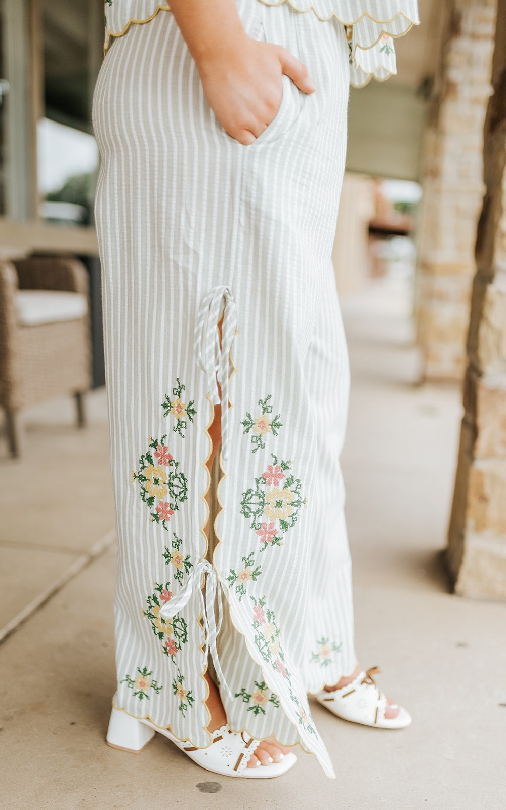 Sage Floral Embroidery Striped Pants P6208ST