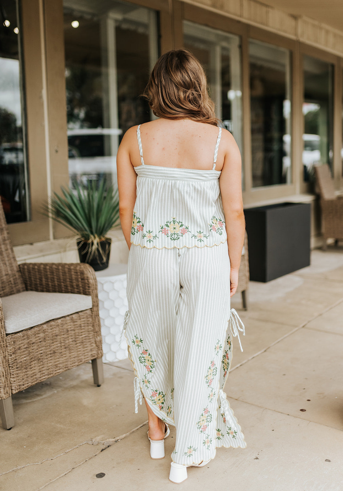 Sage Floral Embroidery Striped Pants P6208ST