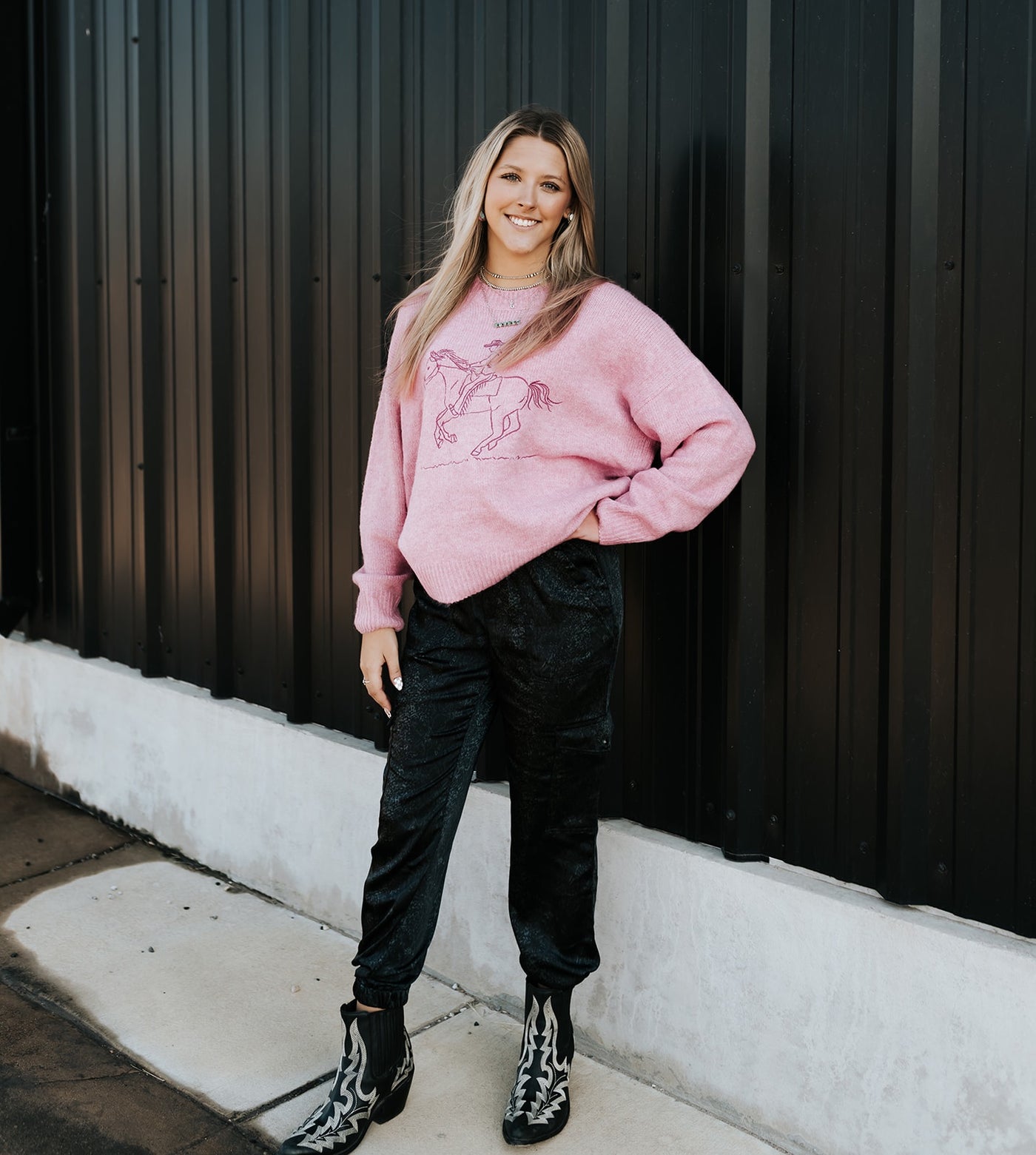 French Pink Embroidered Cowboy Knit Sweater BRW0280-42