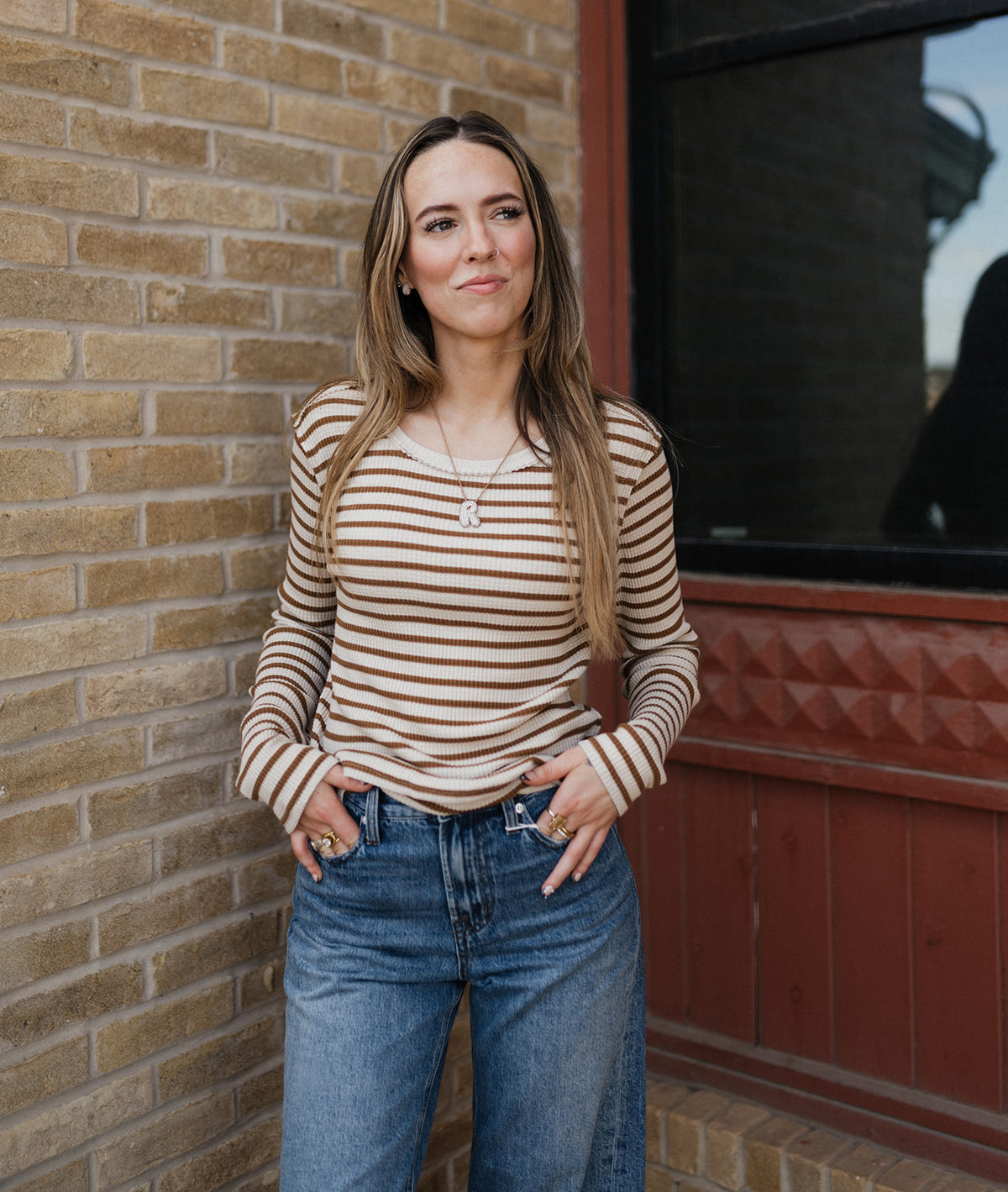 Junie Long Sleeve Stripe Slub Tee Dark Rosewood ZT264764