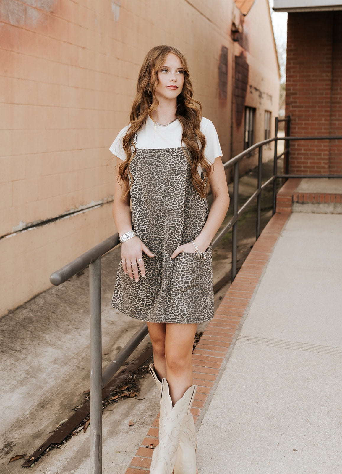 Leopard Denim Mini Overall Dress WL25-12404