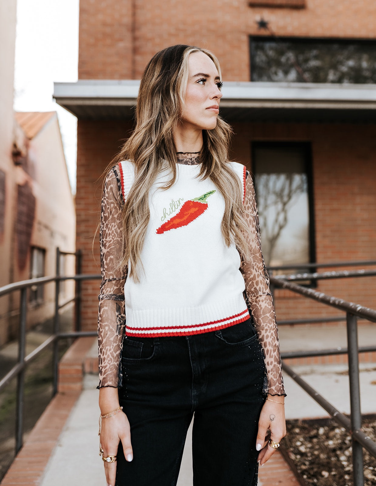 Rock & Roll Leopard Print Mesh Top Brown MW22T07777