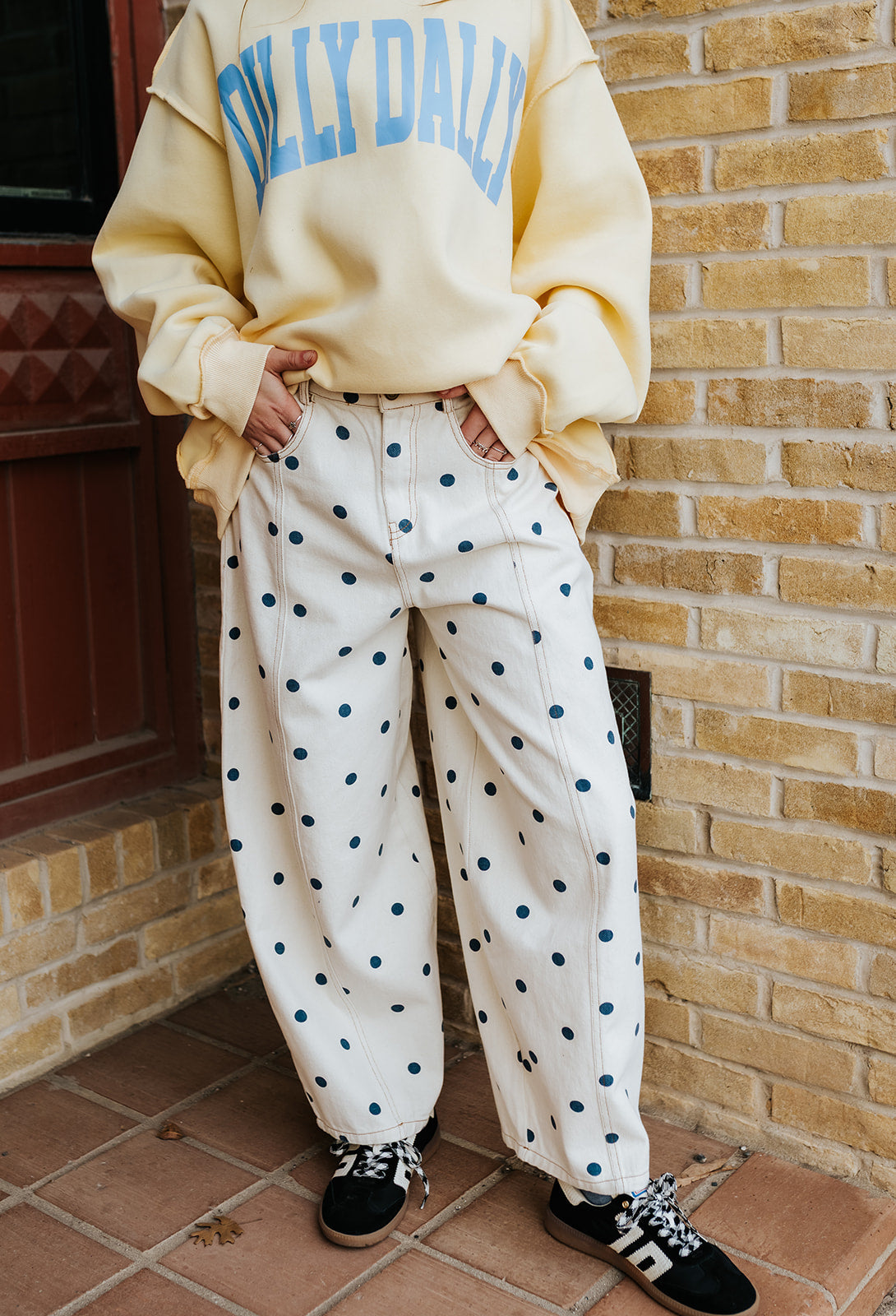 Cream/Navy Polka Dot Wide Denim Pants IP200313-01