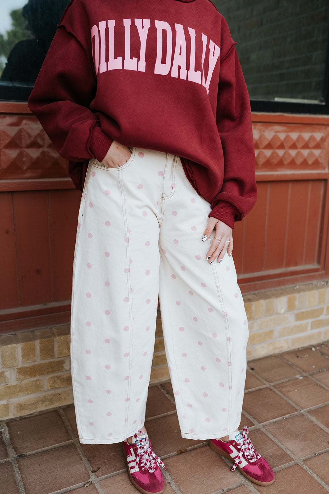 Cream/Light Pink Polka Dot Wide Denim Pants IP200313-04