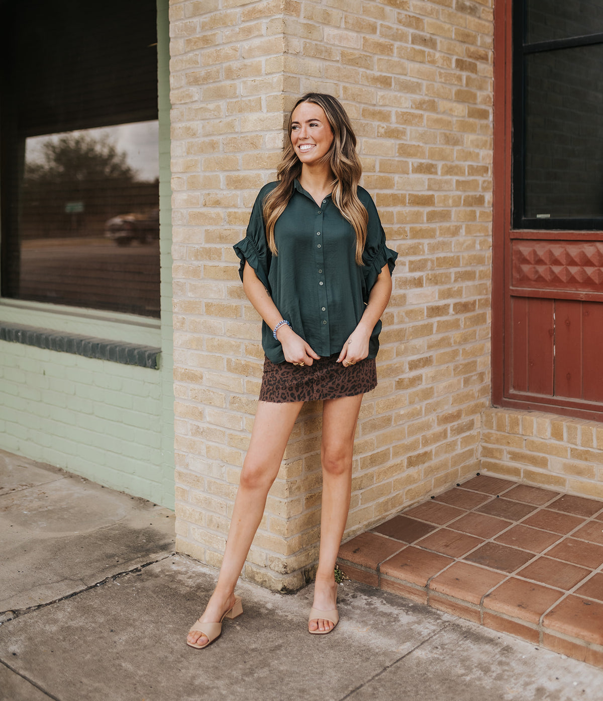 Forest Green Ruffle Sleeve Button-up Blouse VB9211