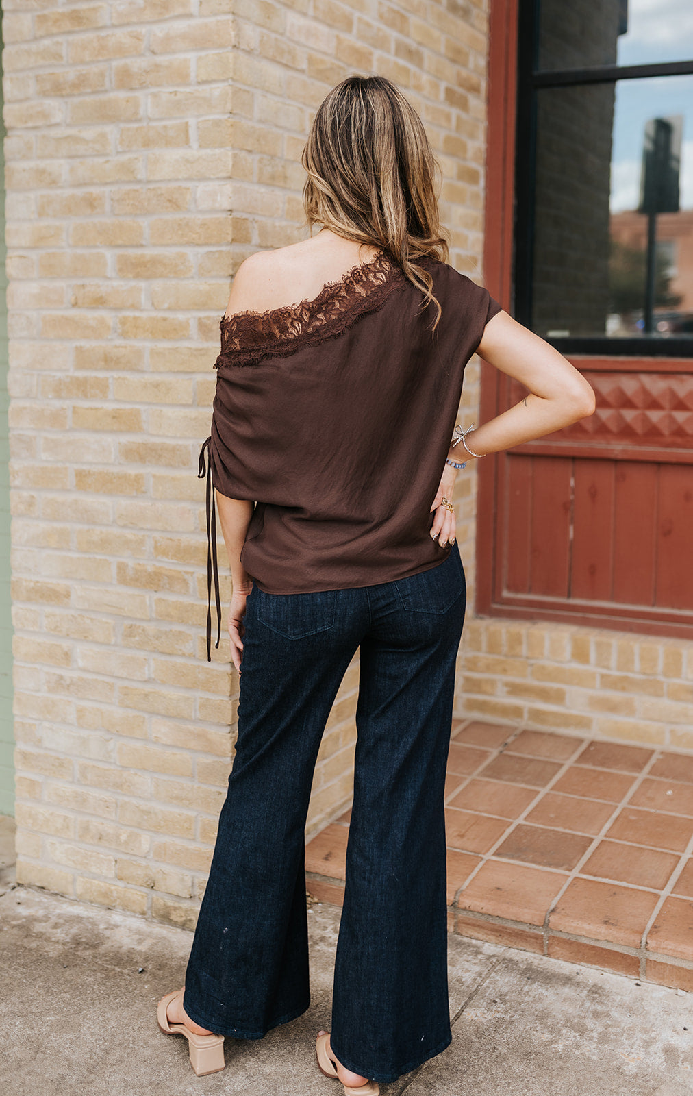 Brown Draped Off Shoulder Lace Trim Blouse VB9227