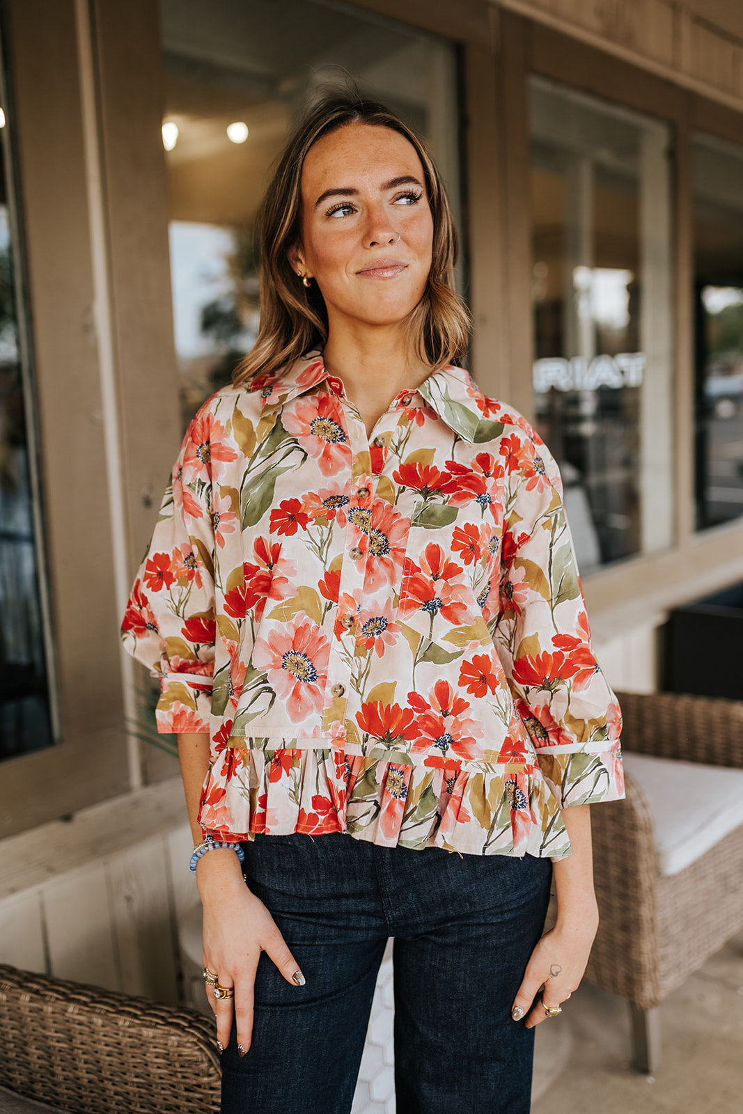 Floral Print Ruffled Hem Top IT4071G-10