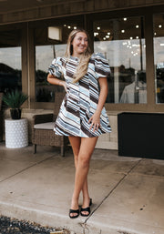 Brown/Blue Diagonal Stripe Puff Sleeve Button Front Dress CD07255