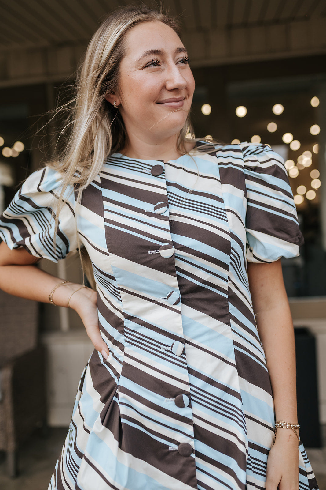 Brown/Blue Diagonal Stripe Puff Sleeve Button Front Dress CD07255