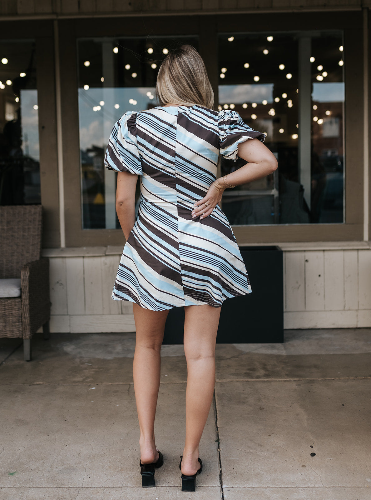 Brown/Blue Diagonal Stripe Puff Sleeve Button Front Dress CD07255