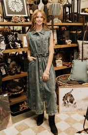 Denim Midi Sleeveless Button Down Dress