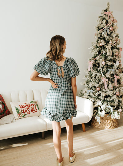 Dk Hunter Green Plaid Puff Sleeve Mini Dress ID300315-01