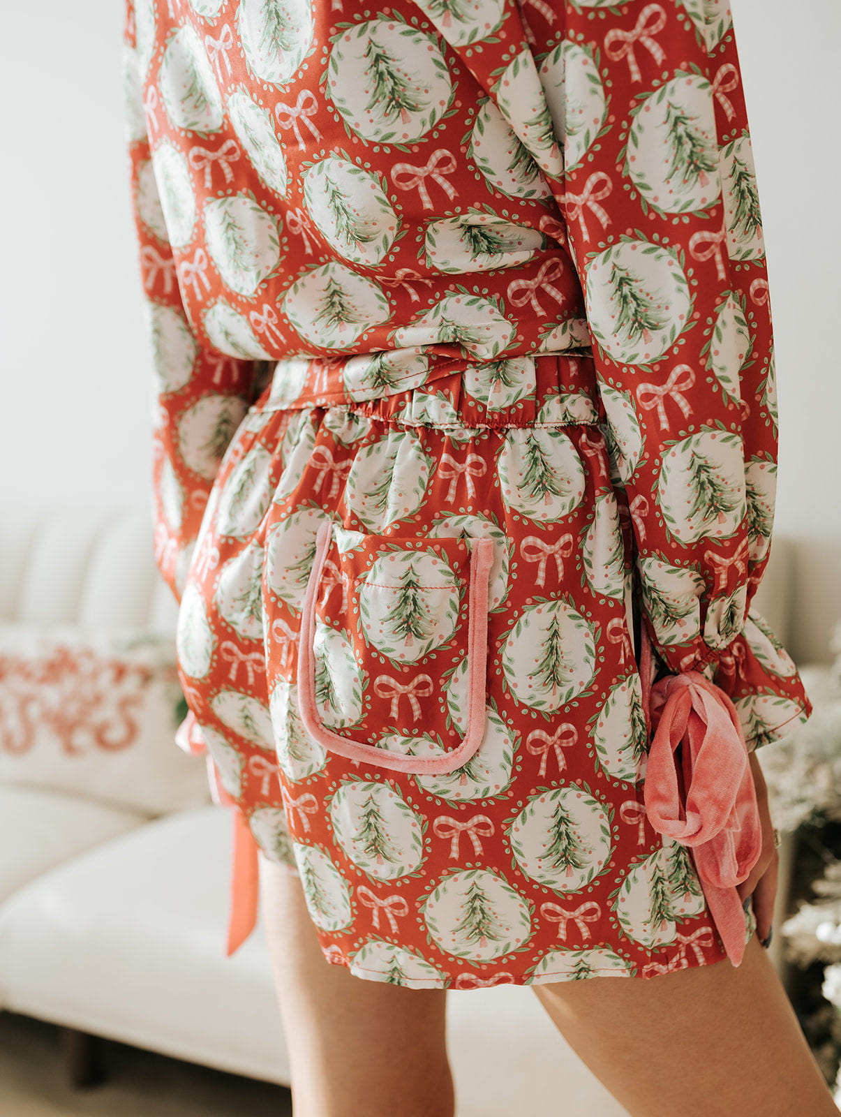 Red/Lt Green/Pink Satin Christmas Tree & Bow Prints Pajama Set ITP39429-01