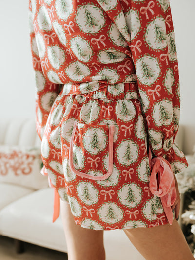 Red/Lt Green/Pink Satin Christmas Tree & Bow Prints Pajama Set ITP39429-01