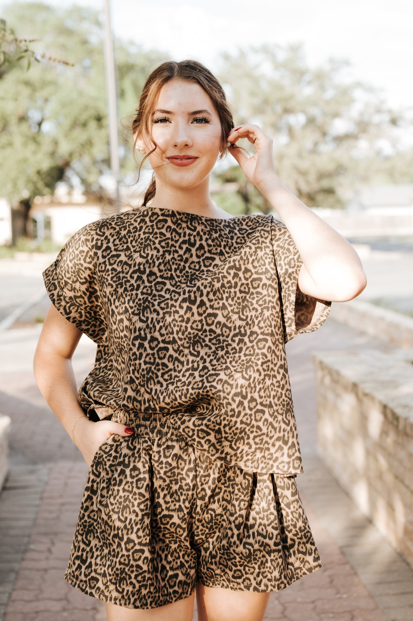 Leopard Short Sleeve Top and Short Pant Set