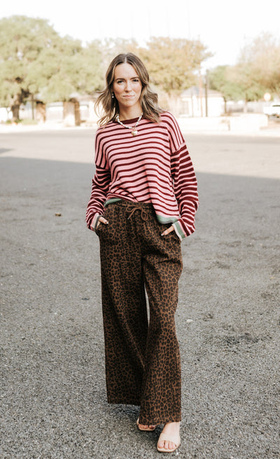 Pink/Burgundy Striped Drop Shoulder Sweater
