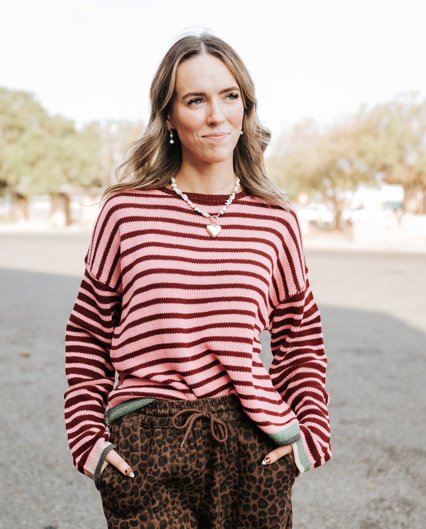 Pink/Burgundy Striped Drop Shoulder Sweater