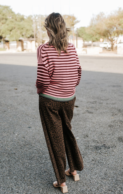 Pink/Burgundy Striped Drop Shoulder Sweater