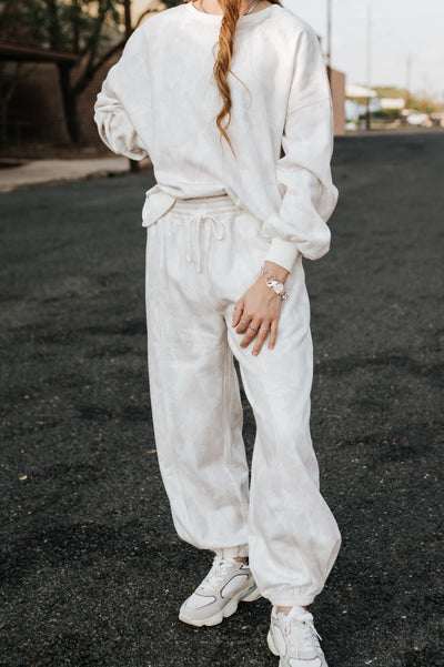 Pale Beige Leaf Printed Fleece Sweatpants