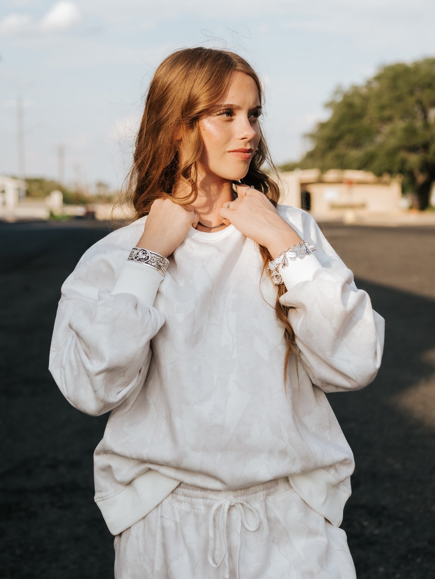 Pale Beige Leaf Printed Fleece Sweatshirt