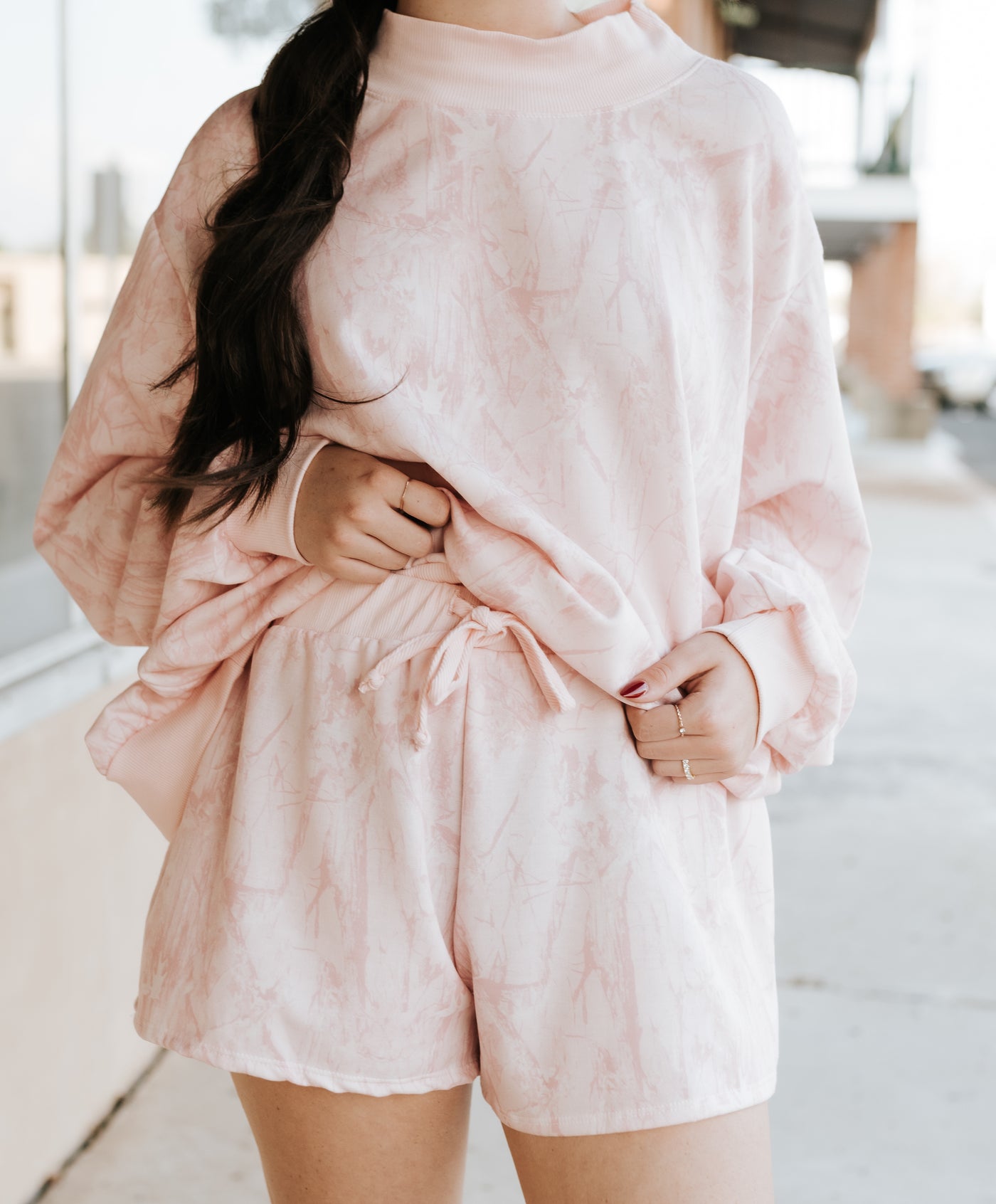 Pink Camouflage Print Drawstring Shorts