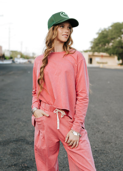 Magenta Washed Pleat Detail Short Sleeve Top and Pant Set
