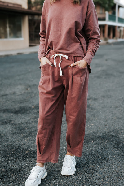 Burgundy Washed Pleat Detail Short Sleeve Top and Pant Set
