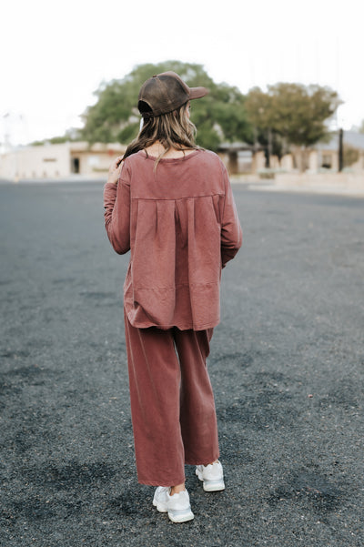 Burgundy Washed Pleat Detail Short Sleeve Top and Pant Set