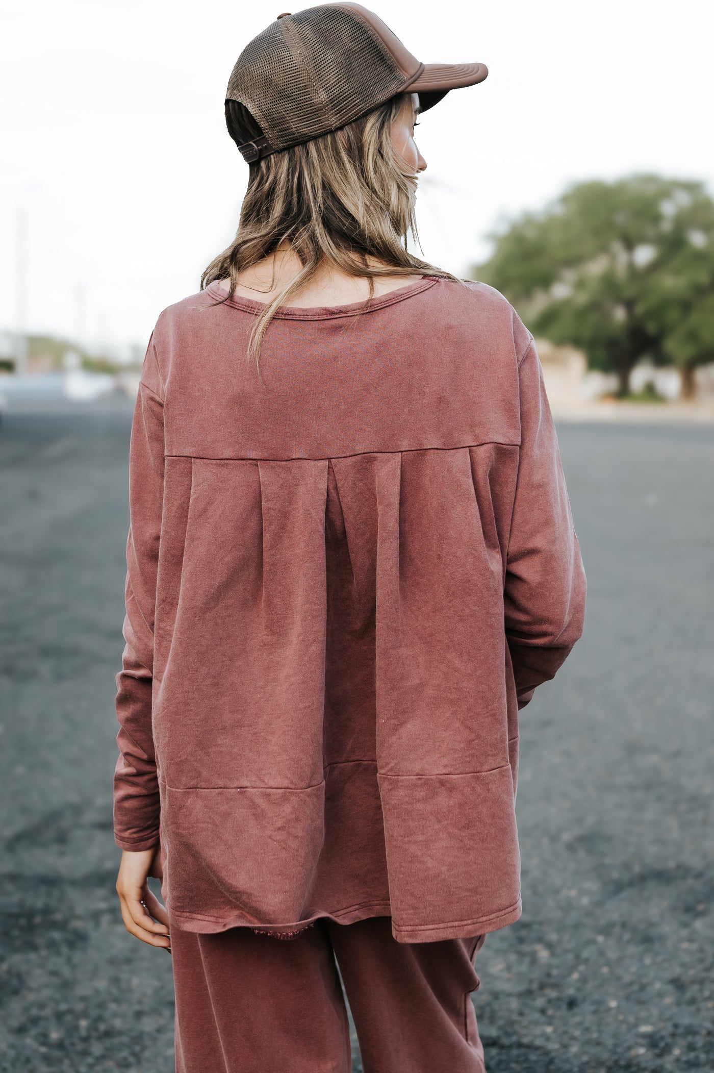 Burgundy Washed Pleat Detail Short Sleeve Top and Pant Set