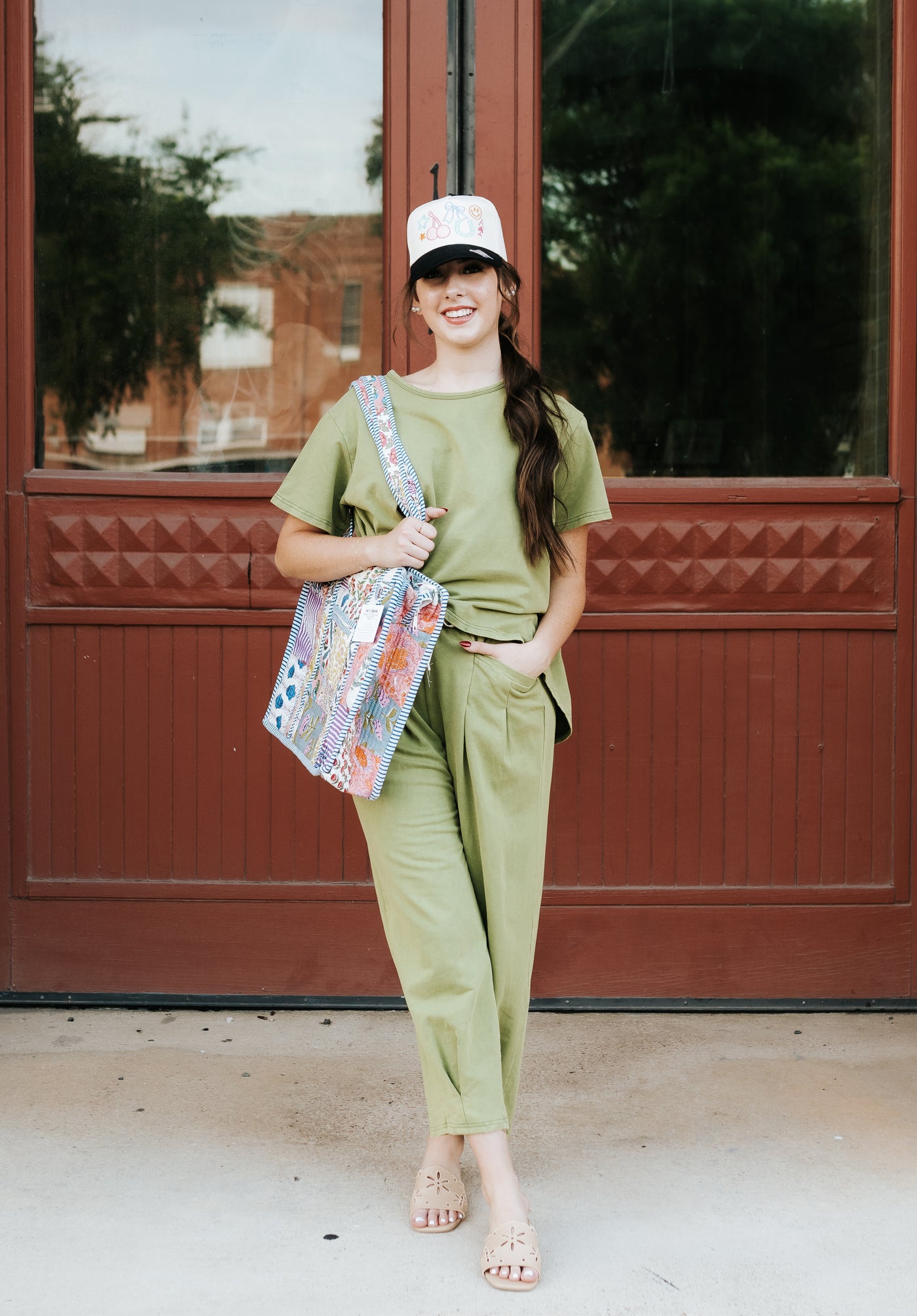 Olive Washed Pleat Detail Short Sleeve Top and Pant Set