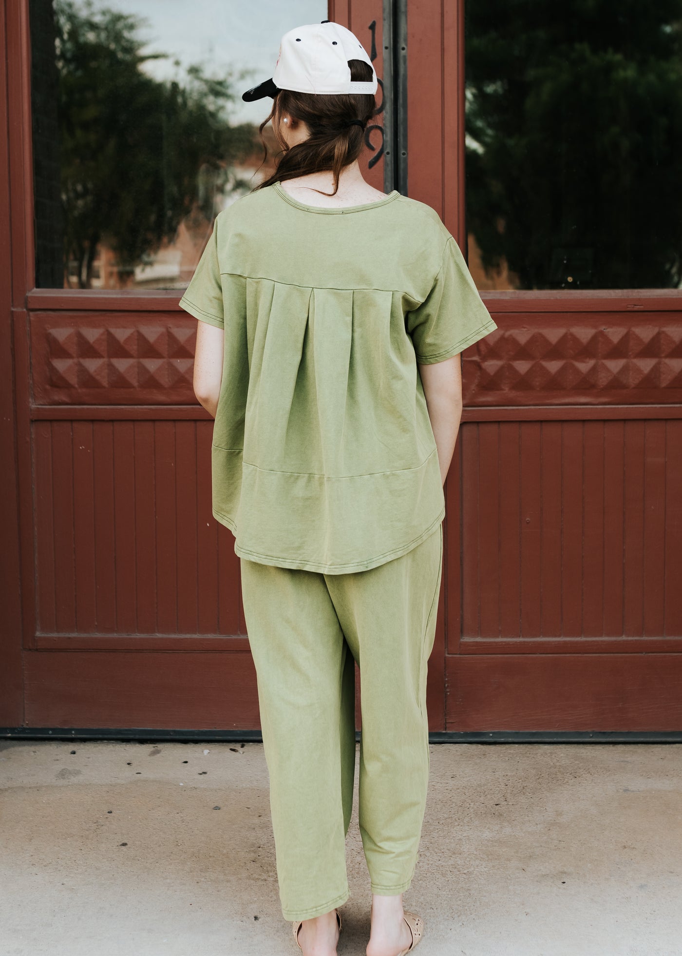 Olive Washed Pleat Detail Short Sleeve Top and Pant Set