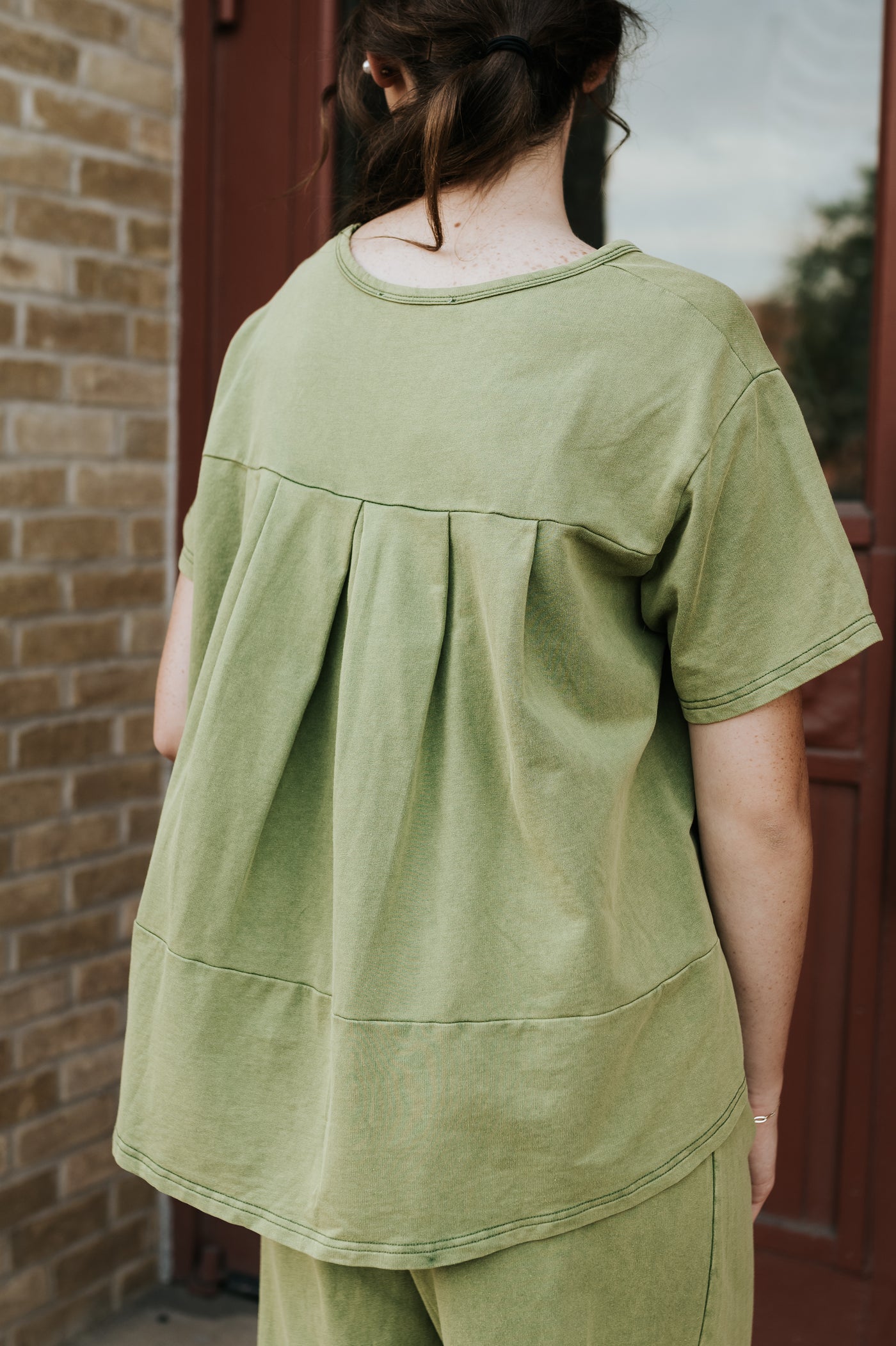Olive Washed Pleat Detail Short Sleeve Top and Pant Set