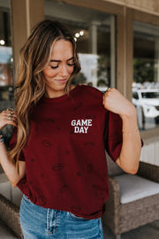 Crimson Red Game Day Football Print Graphic Tee KCT2059A