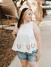 Cream Horse Shoe Embroidered Fringe Hem Top IT300647-01