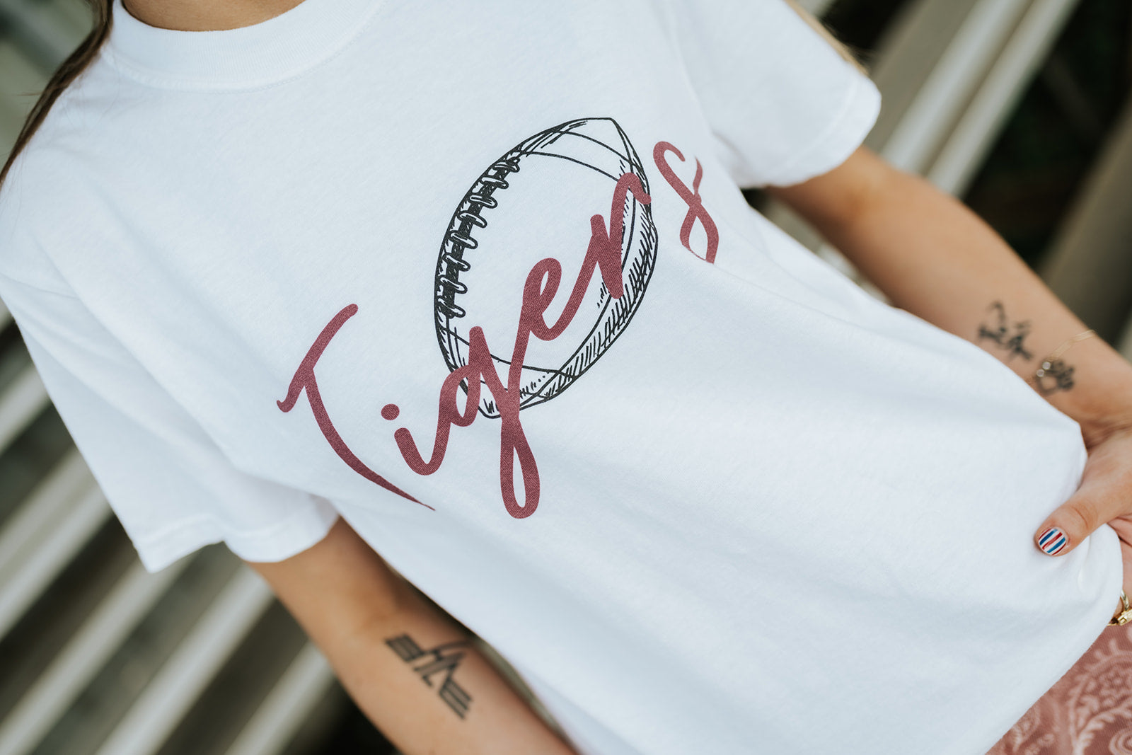 White Comfort Colors Black/Maroon Football Tigers Tee