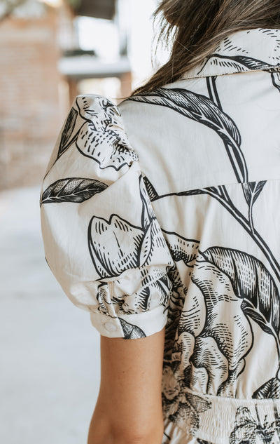 Cream/Navy  Floral Print Collared Dress